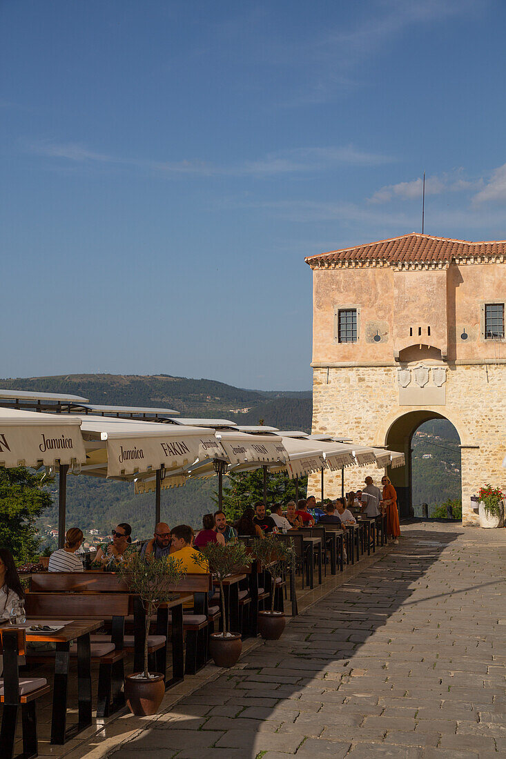 Hilltop Restaurant with City Gate, Motovun, Central Istria, Croatia, Europe