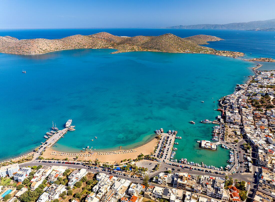 Aerial view of the popular high-end tourist town of Elounda, Crete, Greek Islands, Greece, Europe