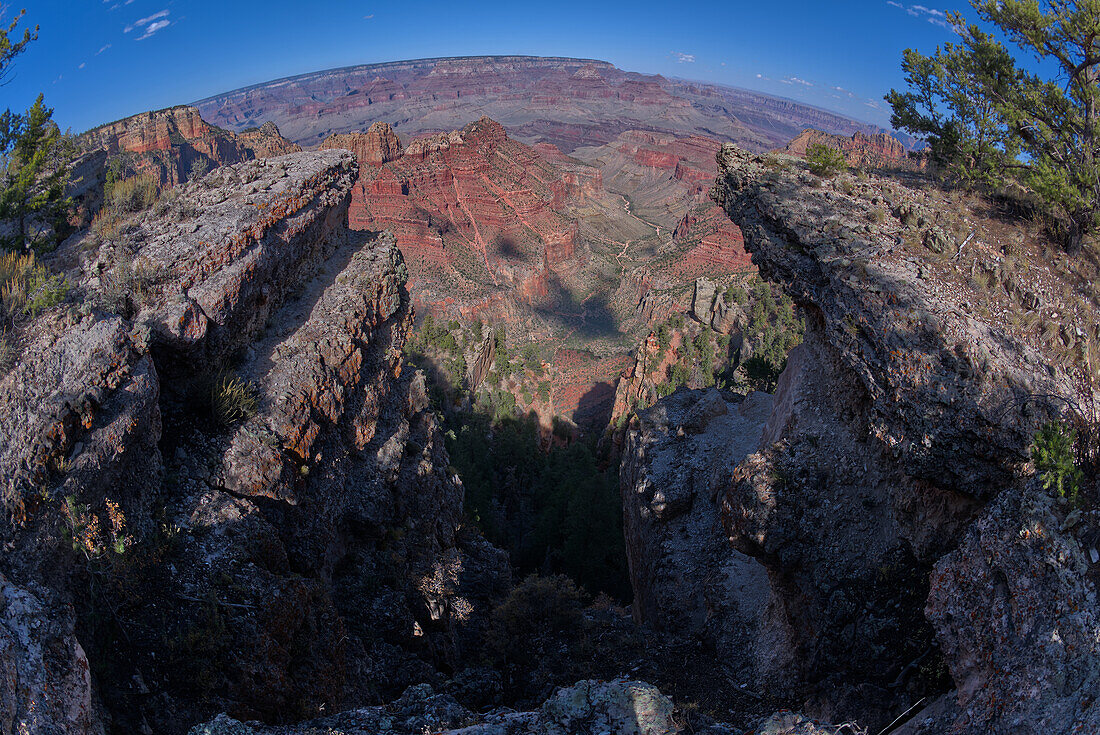 Fisheye view of a dry waterfall where the Hance Creek drains into Hance Canyon at Grand Canyon South Rim, Grand Canyon National Park, UNESCO World Heritage Site, Arizona, United States of America, North America 
