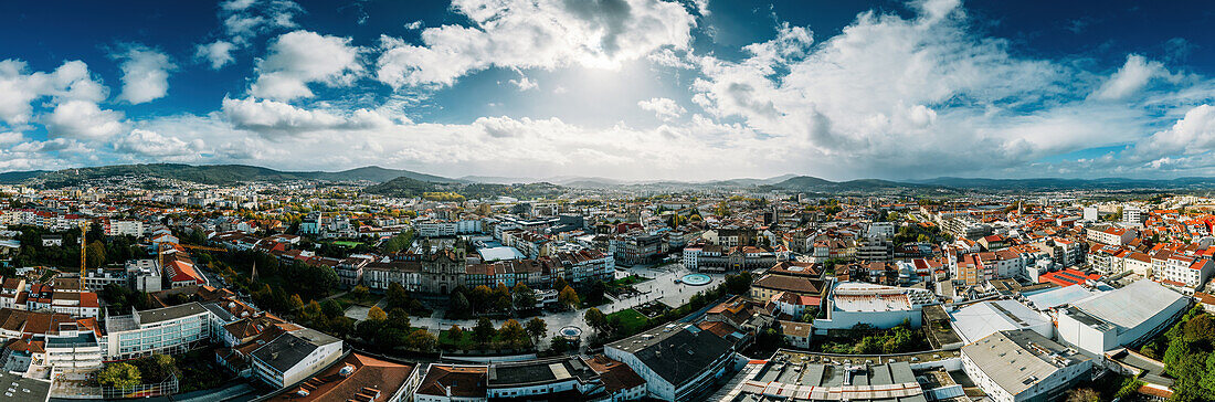 Aerial drone panoramic view of Braga, known for its religious heritage including Bom Jesus do Monte complex, and medieval Braga Cathedral, home to a Sacred Art Museum and Gothic-style Kings' Chapel, Braga, Minho, Portugal, Europe
