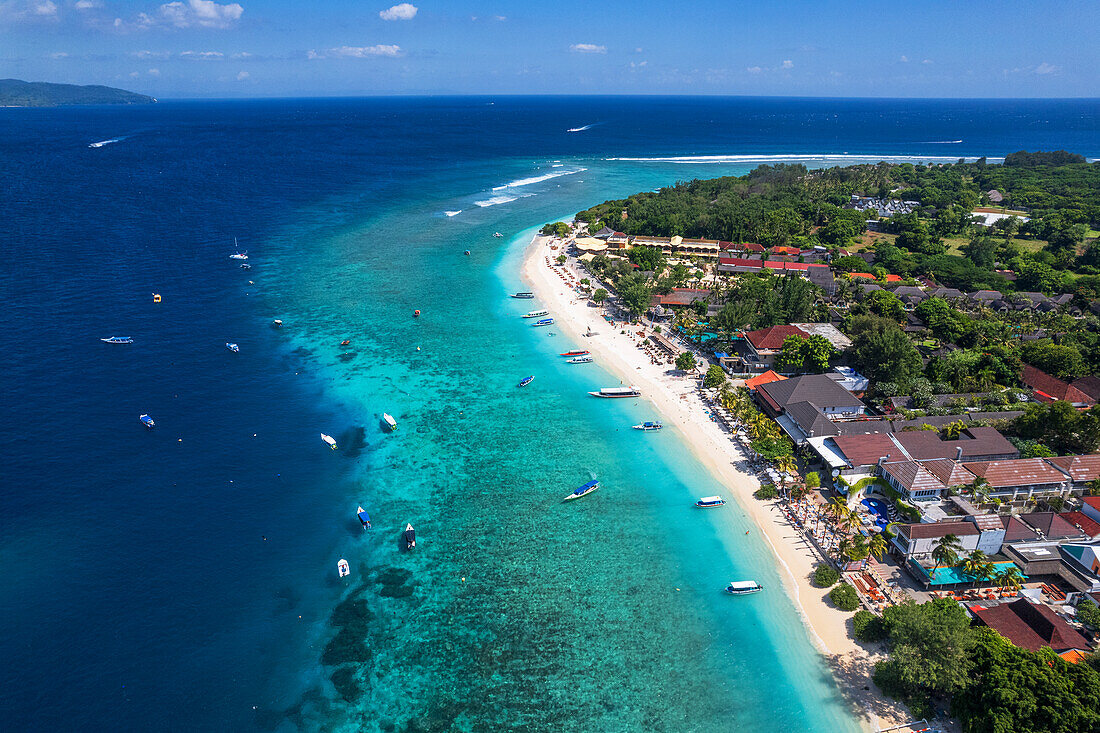 Aerial view of Gili Trawangan beach with boats anchored in the ocean, Gili Trawangan, Gili Islands archipelago, Lombok, West Nusa Tenggara, Indian Ocean, Indonesia, Southeast Asia, Asia