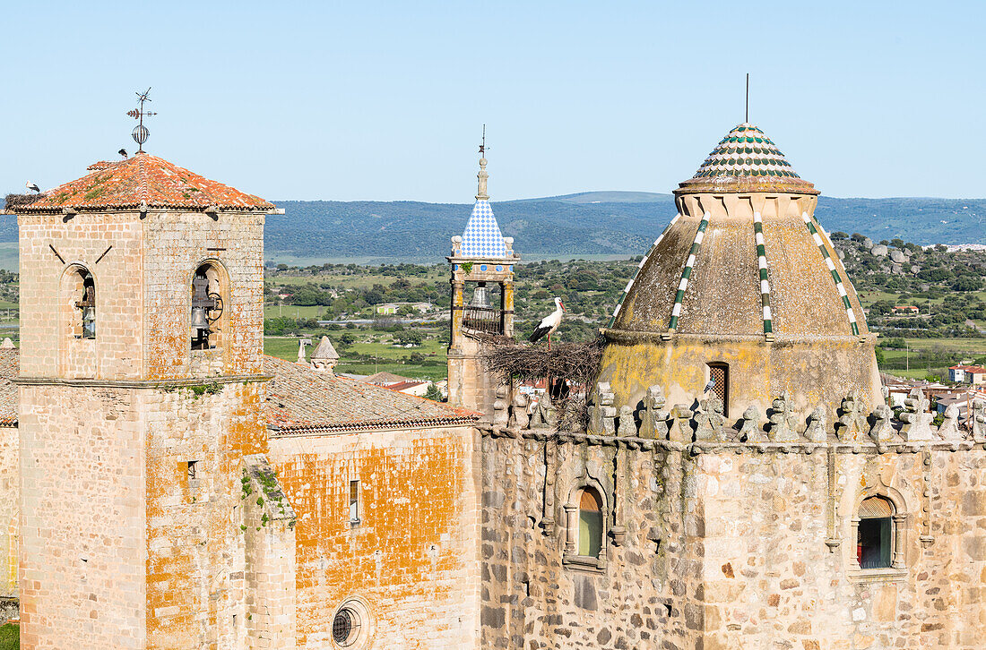 Nesting storks on the the Iglesia de San Martin, on the left and centre, and Torre del Alfiler, on the right, Trujillo, Caceres, Extremadura, Spain, Europe