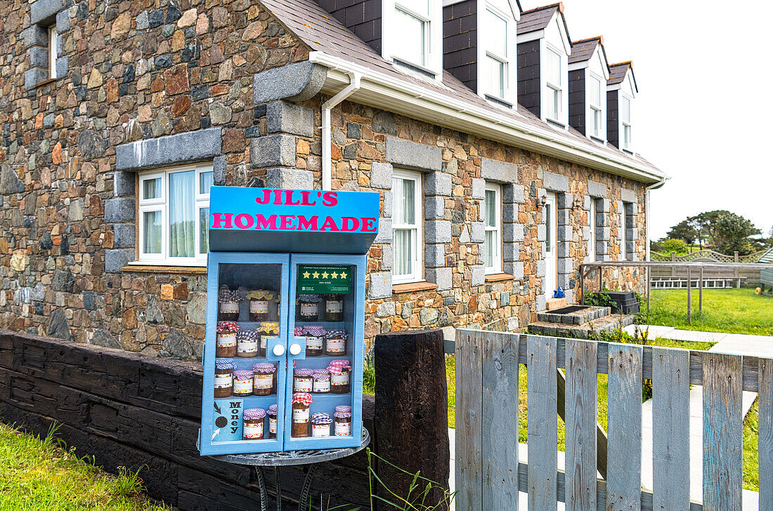 Honesty box with homemade products on the Isle of Sark, Channel Islands, Europe