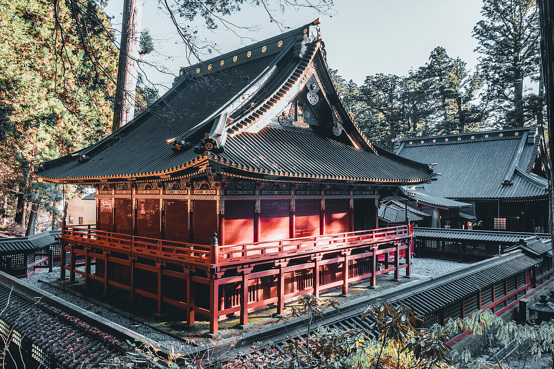 A red wooden temple in Nikko, Tochigi, Honshu, Japan, Asia