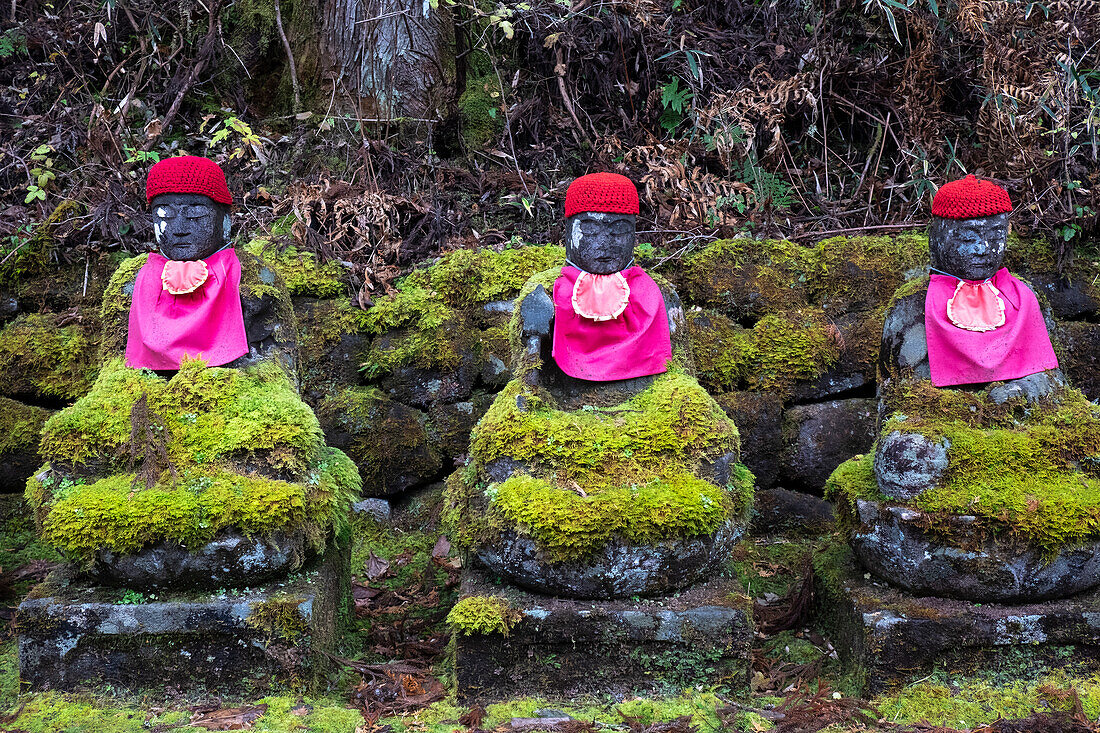 Narabi Jizo Buddha-Statuen mit rotem Hut, bedeckt mit Moos in Nikko, Tochigi, Honshu, Japan, Asien