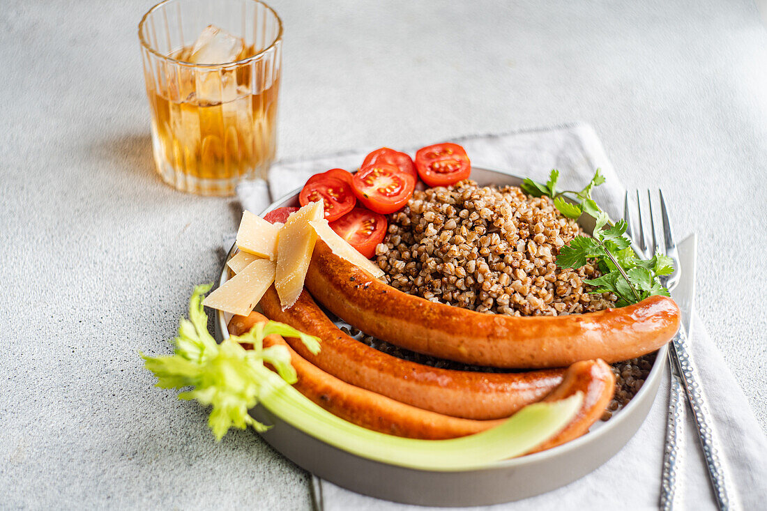 Healthy lunch bowl with buckwheat and sausages served on the table