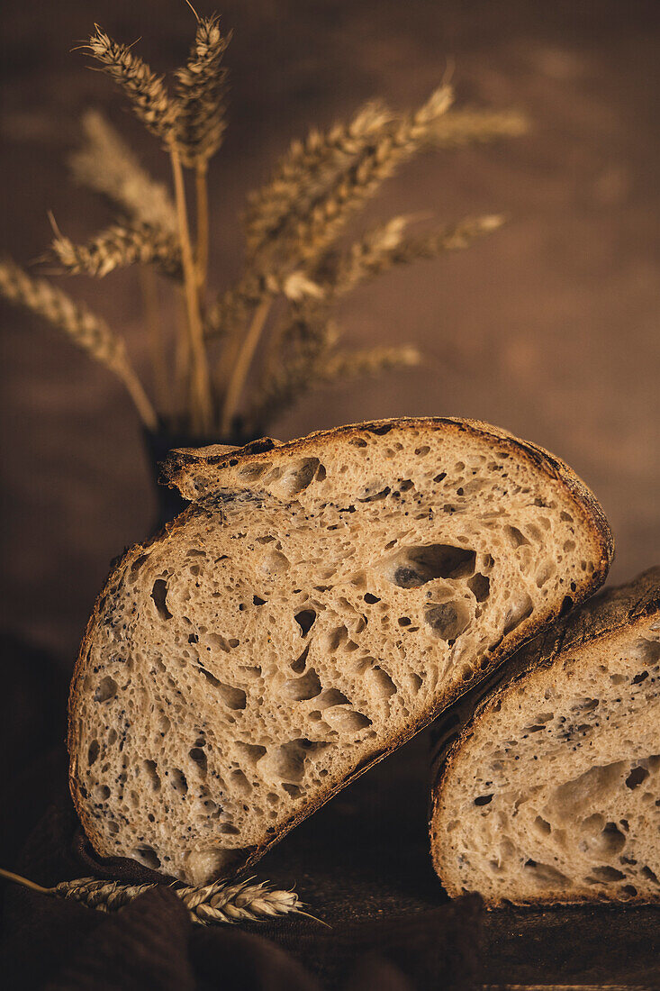 Fresh, homemade, rustic bread in a kitchen