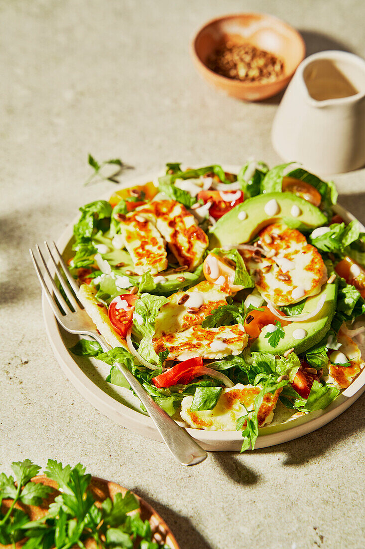 Halloumi avocado tomato salad with sunflower seeds, yoghurt dressing, herbs and water on a green background with shade