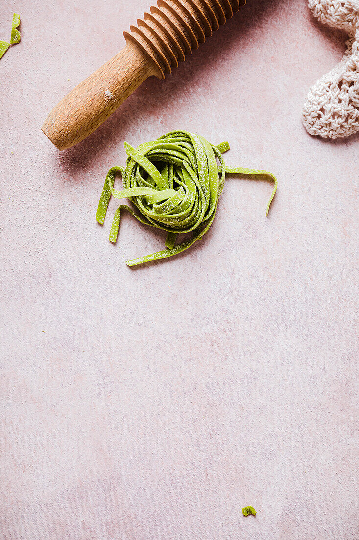 Fresh homemade green spinach tagliatelle