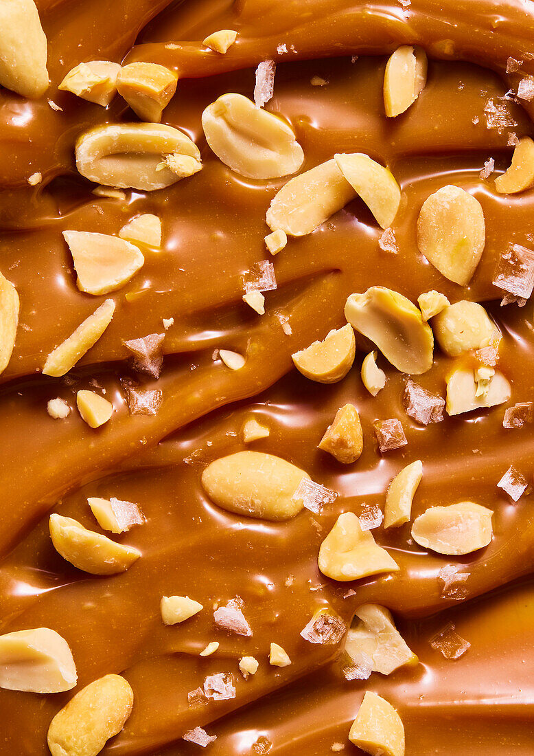 Close-up of salted caramel with peanuts