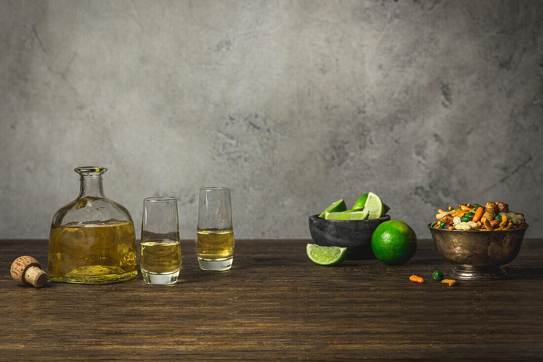 Tequila bottle and shot glasses with limes and small bowl of spicy rice crackers.