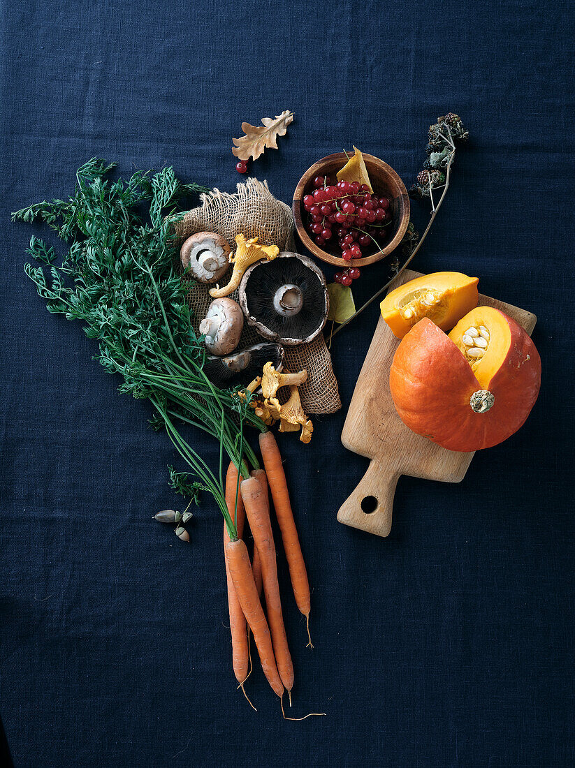 Autumnal food ingredients on a dark blue background. Flat layer with autumn vegetables, berries and mushrooms from the local market. Vegan ingredients