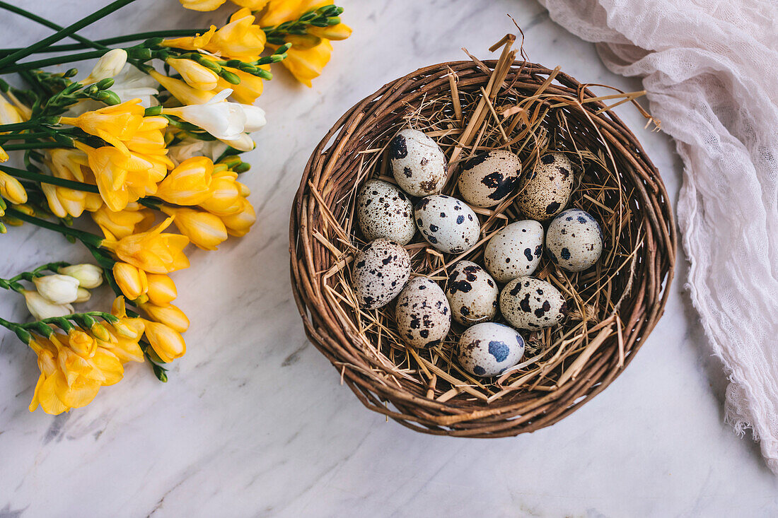 Quail eggs in a basket on a white marble background