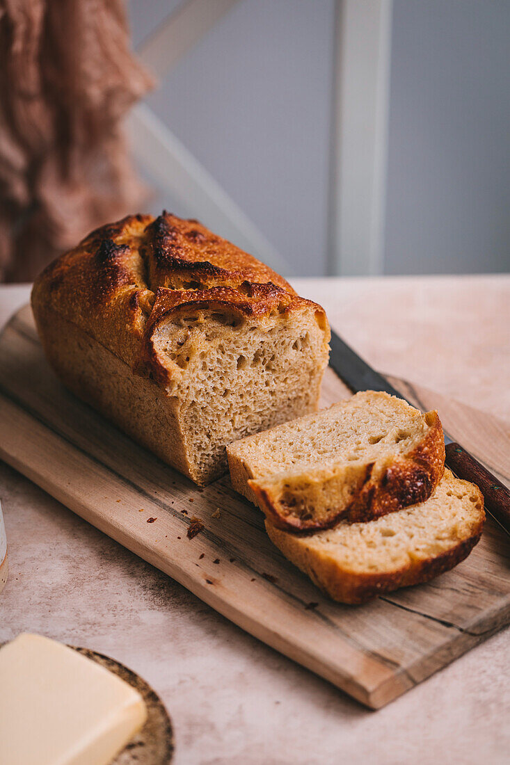 Cornbread and butter on a table, served for breakfast