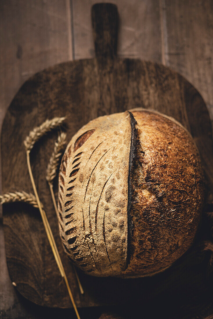 Fresh, homemade, rustic bread in a kitchen