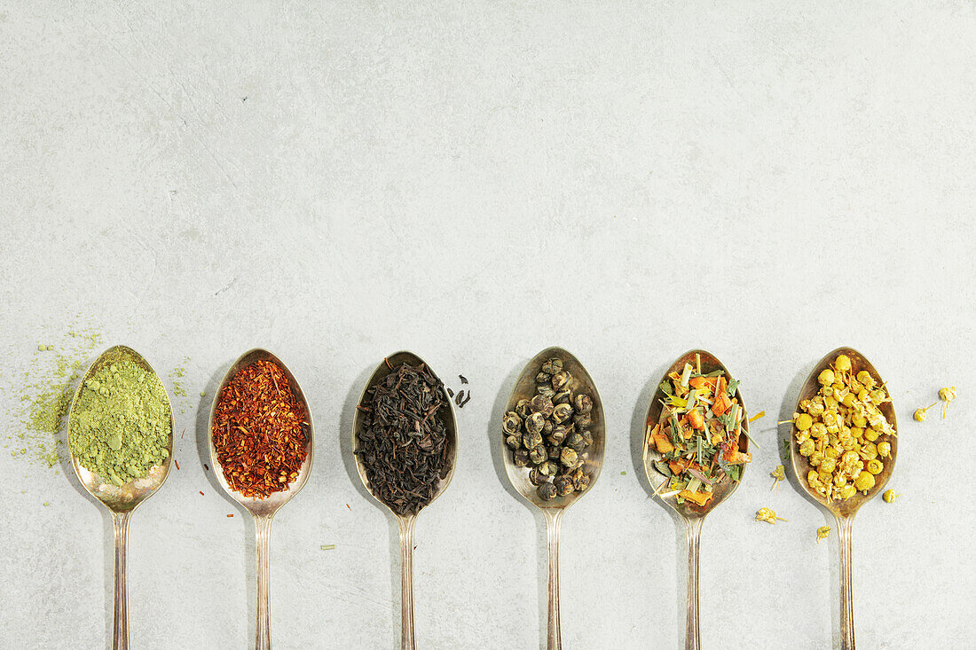 Different types of tea in old spoons. Flat lay, top view on concrete background. Matcha, rooibos, black tea, green tea, herbal blend and camomile tea. Space for copying