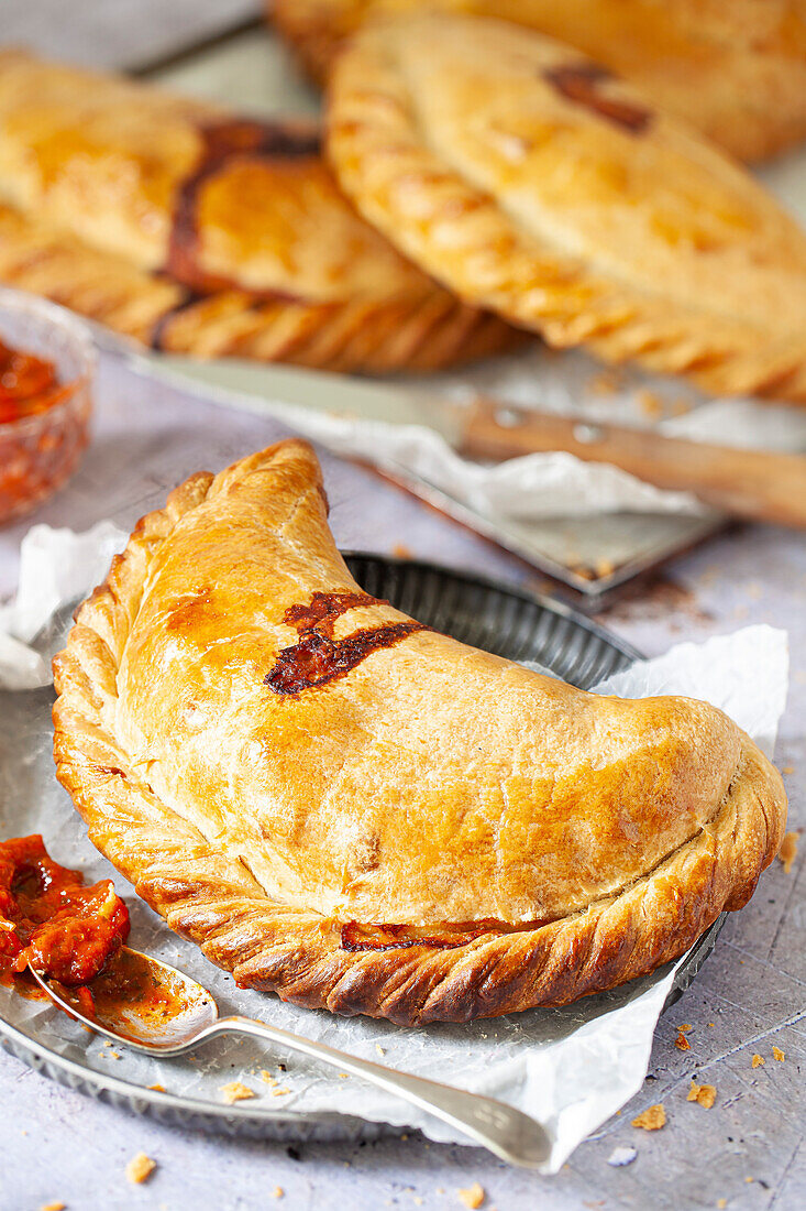 Close-up of a vegetarian version of a Cornish pasty with a crimped edge.