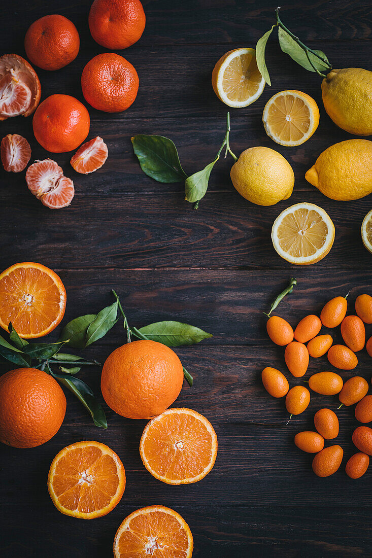 Orangen, Mandarinen, Zitronen und Kumquats auf einem dunklen Holzhintergrund
