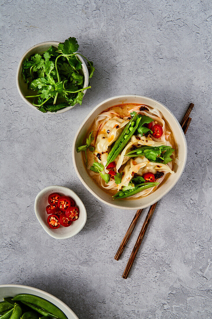 Gemüse-Gyoza-Nudeln mit Zuckerschoten, Koriander und Chili auf grauer Oberfläche