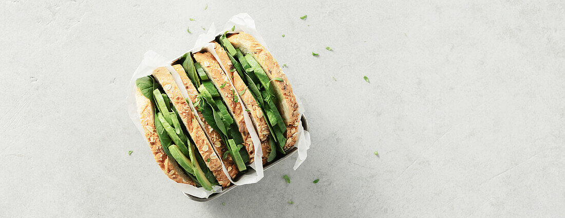 Healthy sandwich flat with space for your text. Vegan diet, eco-friendly, zero-waste concept - space for your text