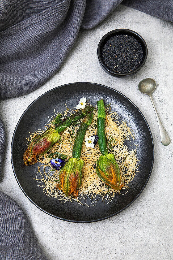 Courgette flowers hazelnuts ricotta pine nuts sun-dried tomatoes