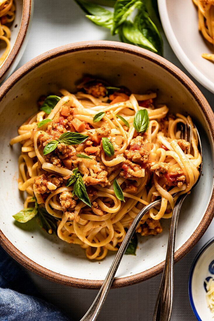 Homemade spaghetti bolognese with meat and noodles