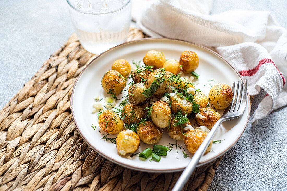 Top roasted spring potato vegetables with herbs, served in a bowl for lunch