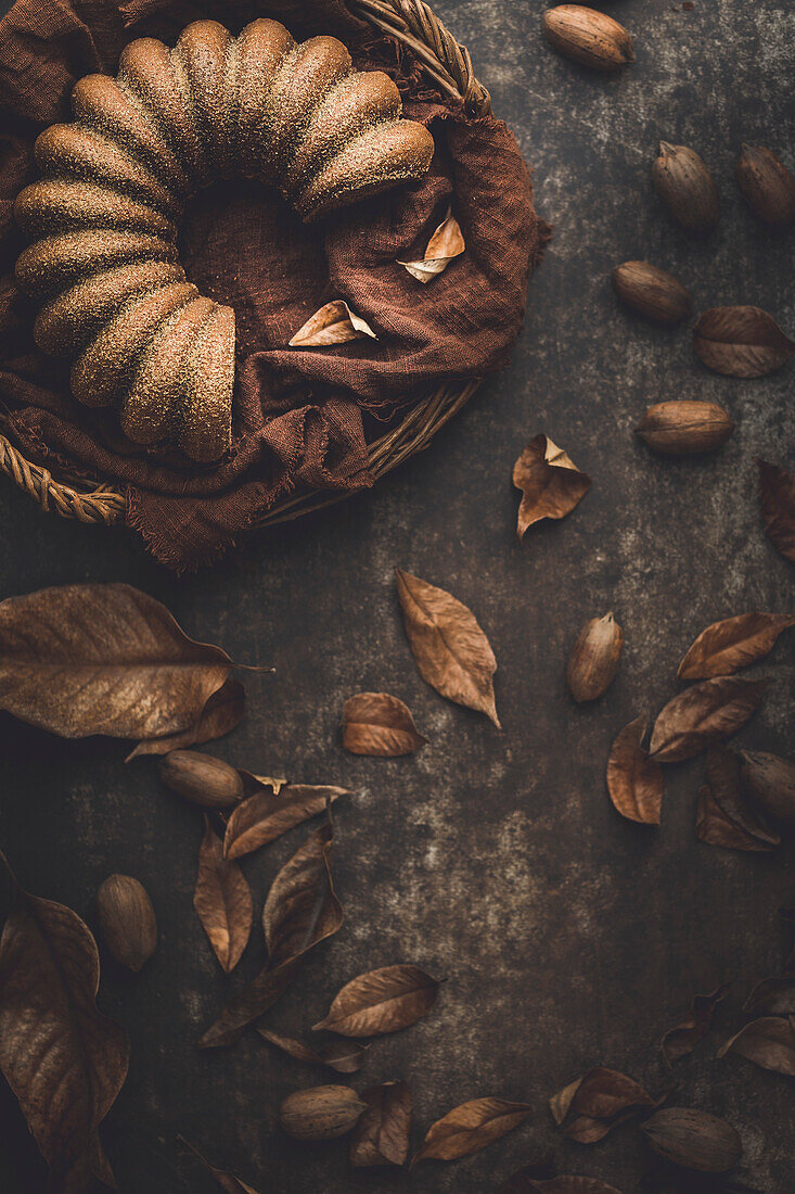 Bundt cake on a rustic wooden background