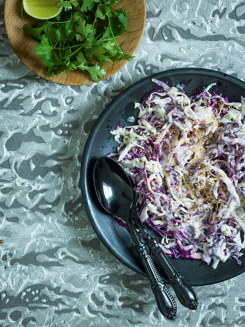 Coleslaw with sesame seeds, coriander and lime