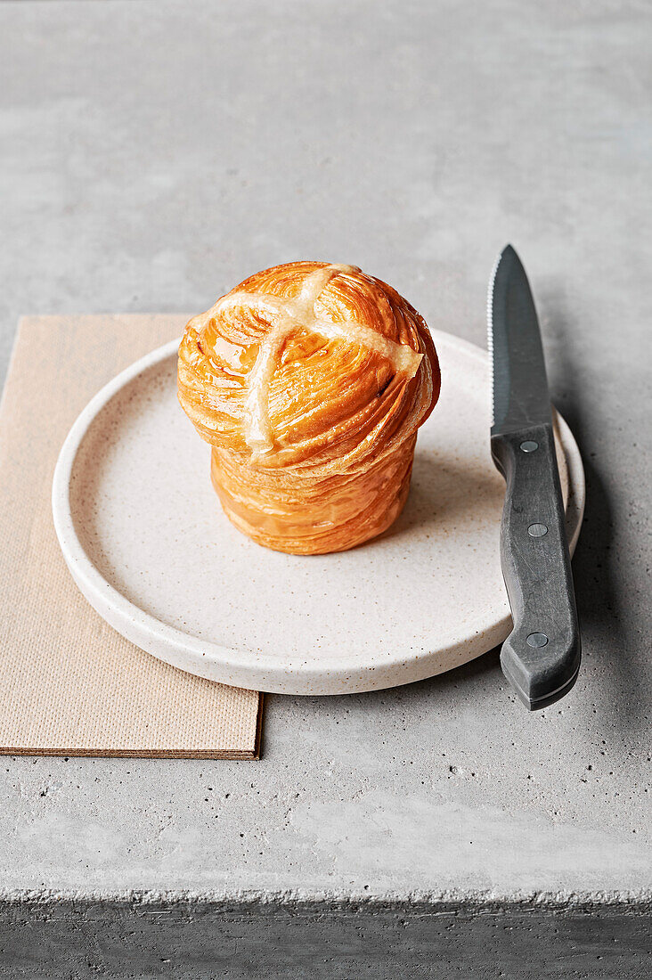 Hot cross cruffin: croissant dough with hot cross bun flavours in a muffin tin, topped with a classic cross