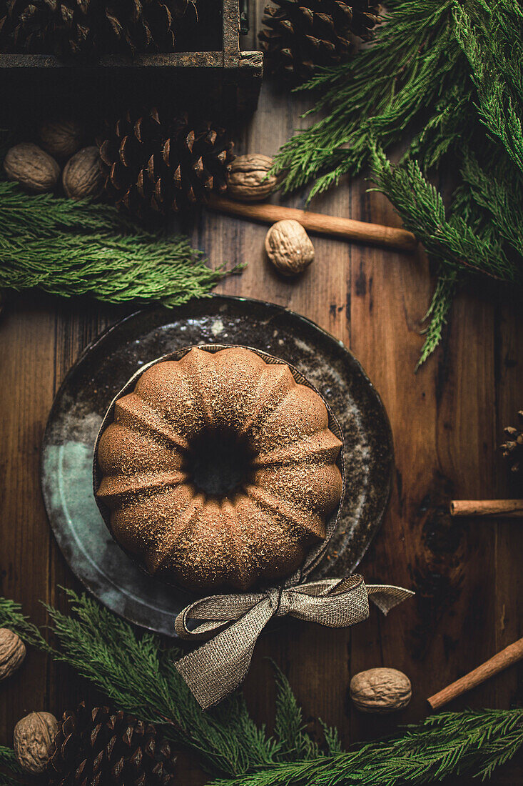 Christmas Cake Bundt Cake on a wooden table
