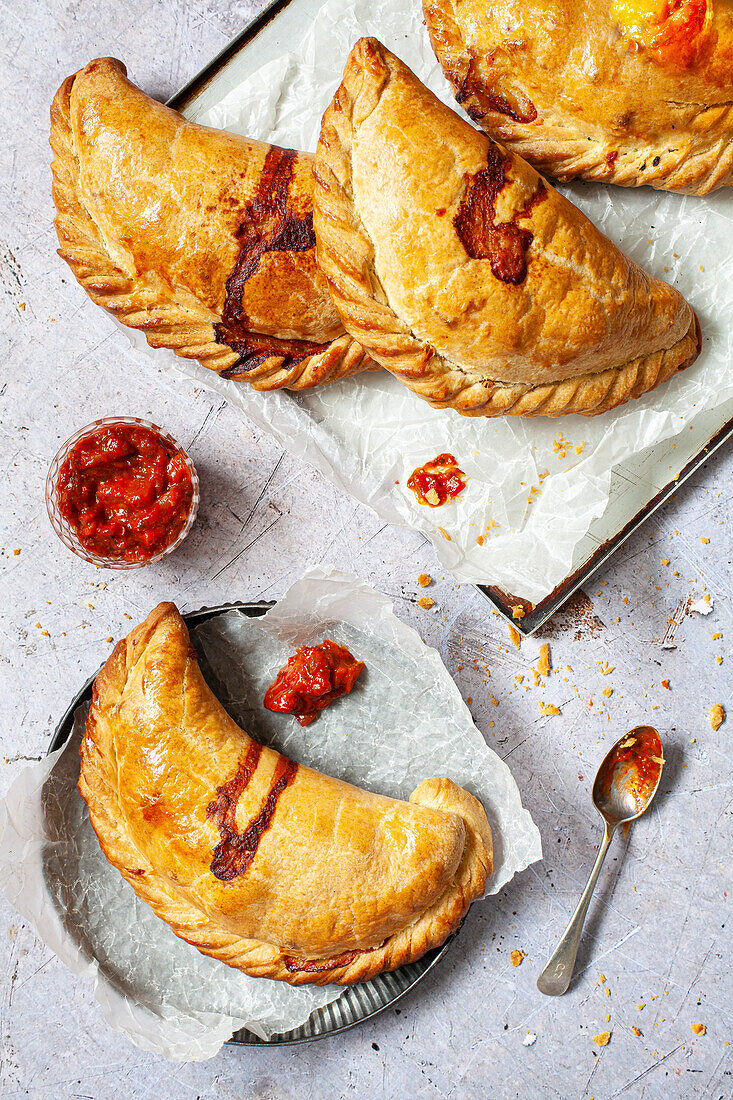Vegetarian crimped pasties being served with tomato chutney.