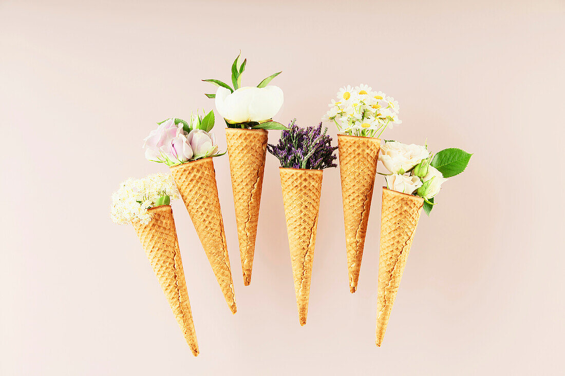 Flat-lay of waffle cones with flowers over pastel light pink background, top view. Spring or summer mood concept