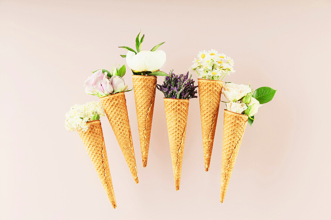 Waffeltüten mit Blumen auf pastellfarbenem, hellrosa Hintergrund, Ansicht von oben. Konzept für Frühlings- oder Sommerstimmung