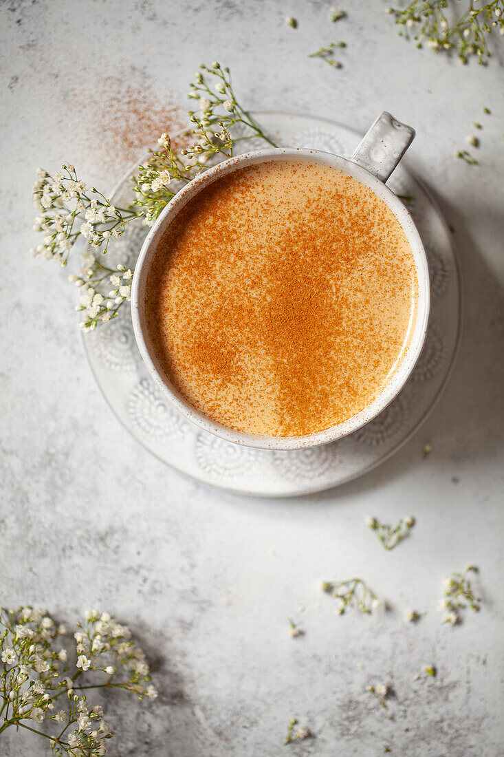 A mug of milky latte coffee drink dusted with ground cinnamon spice.