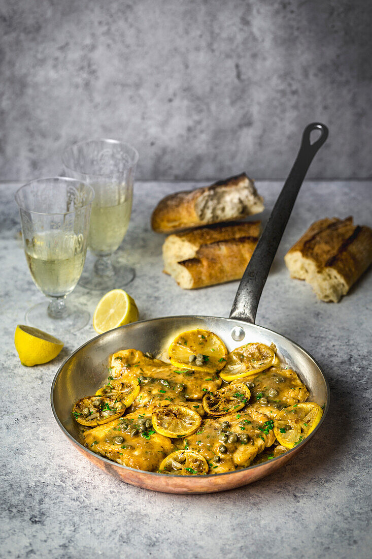 Chicken, lemon slices and capers in a copper pan, served with bread and white wine