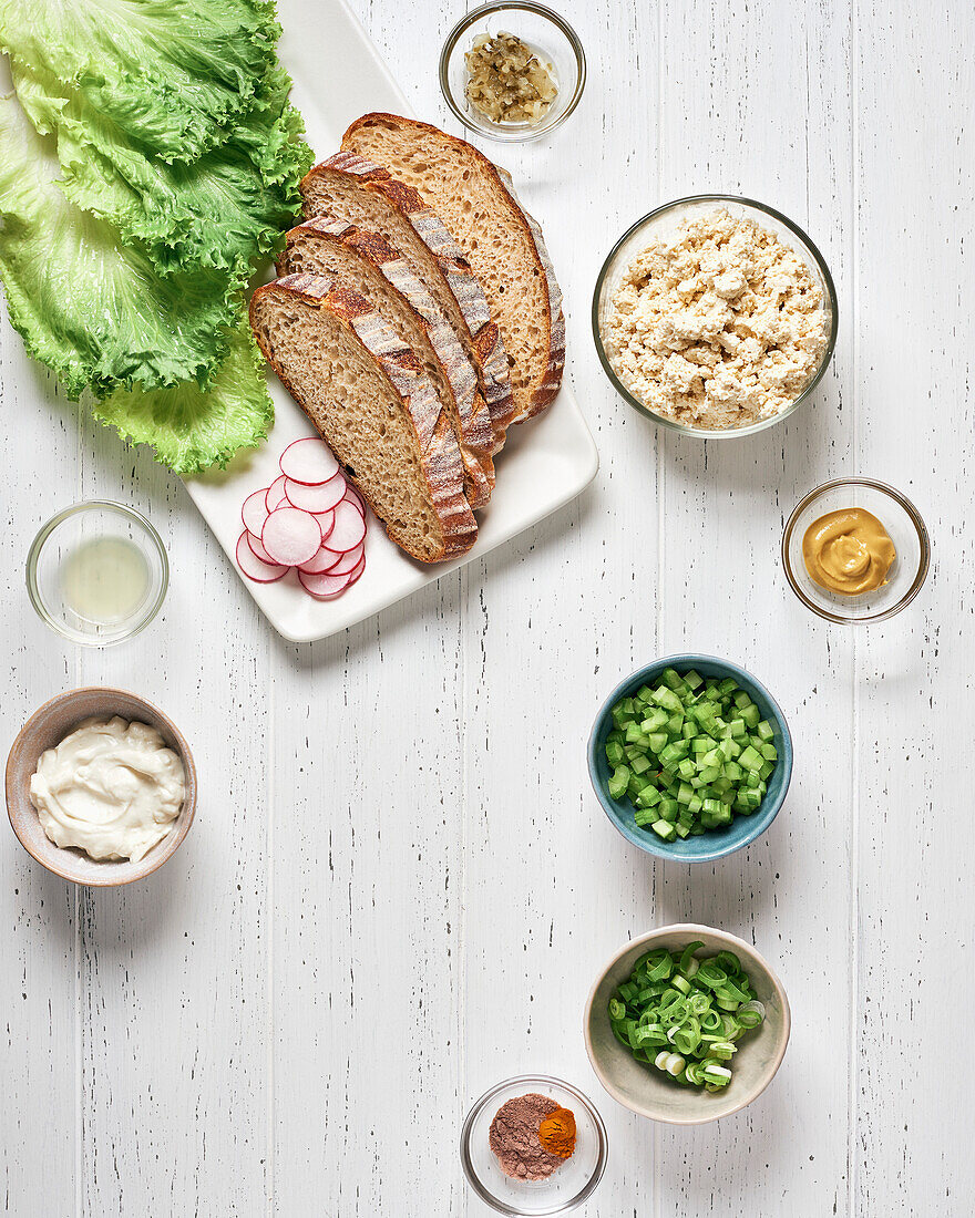 Ingredients for tofu salad sandwich