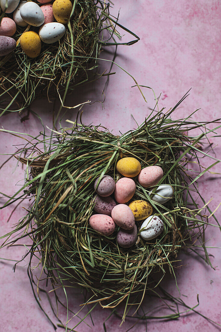 Chocolate eggs in a grass nest for Easter