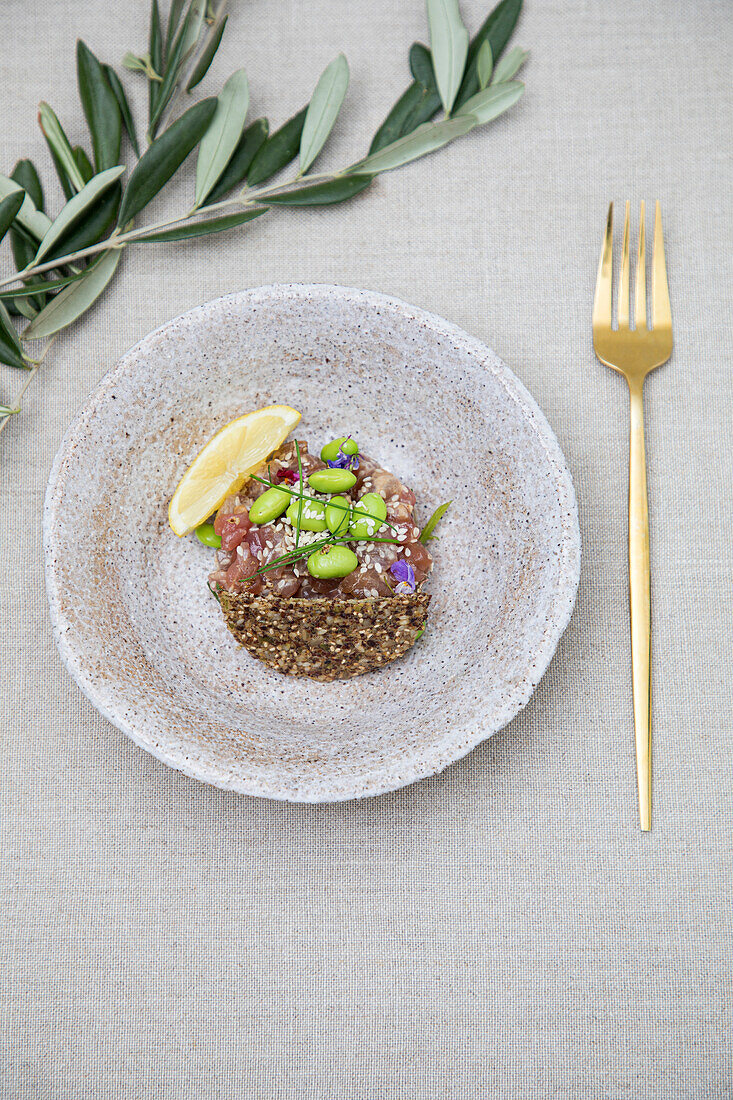 Tuna sashimi with smoked soya edamame cracker with braided seeds