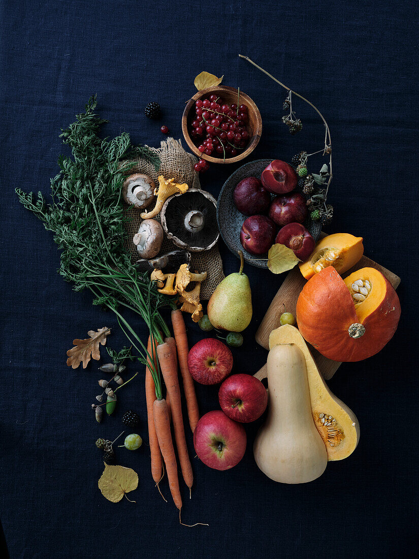 Autumn food ingredients on a dark blue background. Flat-lay of autumn vegetables, berries and mushrooms from the local market. Vegan ingredients