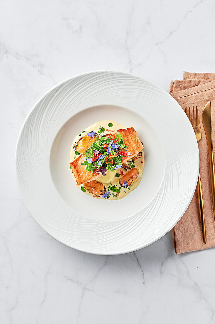 Salmon fillet, steamed mussels, beurre blanc of finger lime and chives, roasted fennel bulb, puree, red pepper and small herb salad