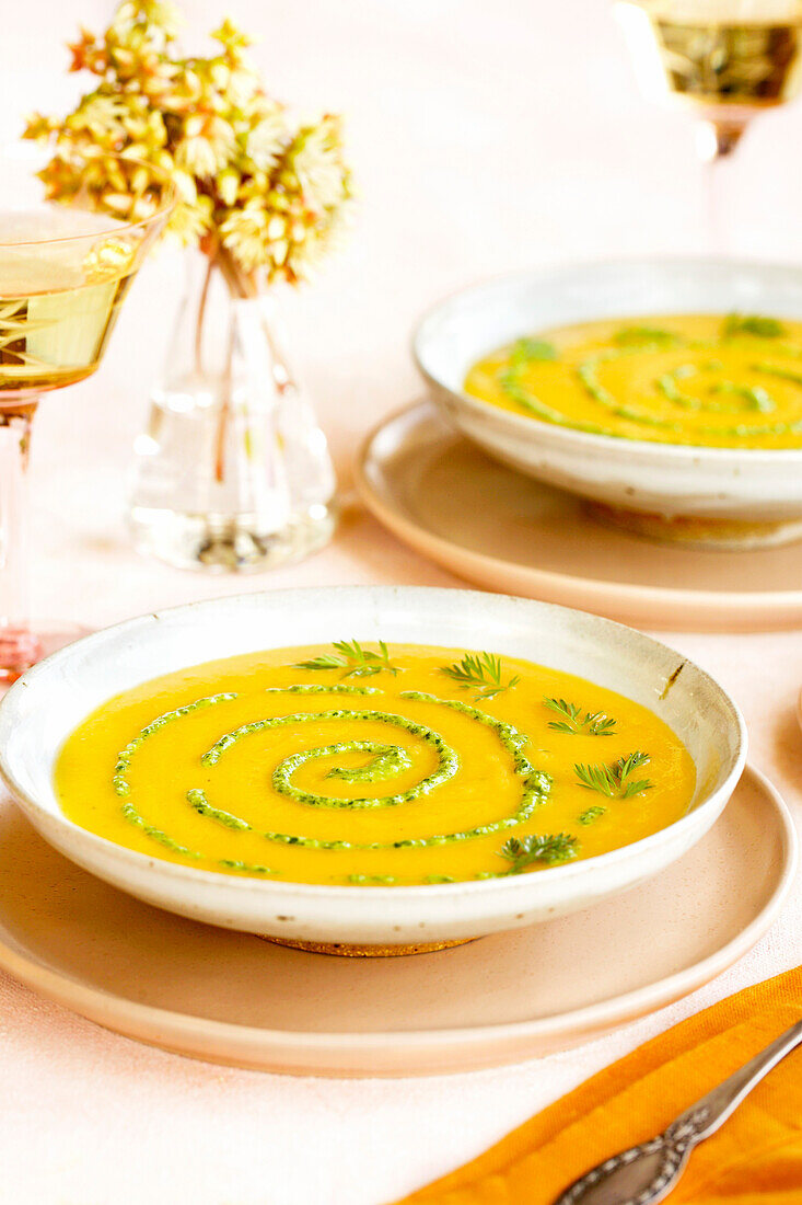 Red carrot and lentil soup with carrot pesto