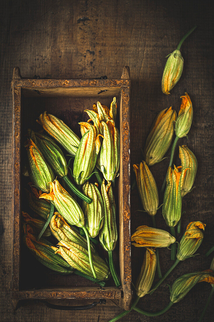 Zucchiniblüten vor einem rustikalen Holzhintergrund