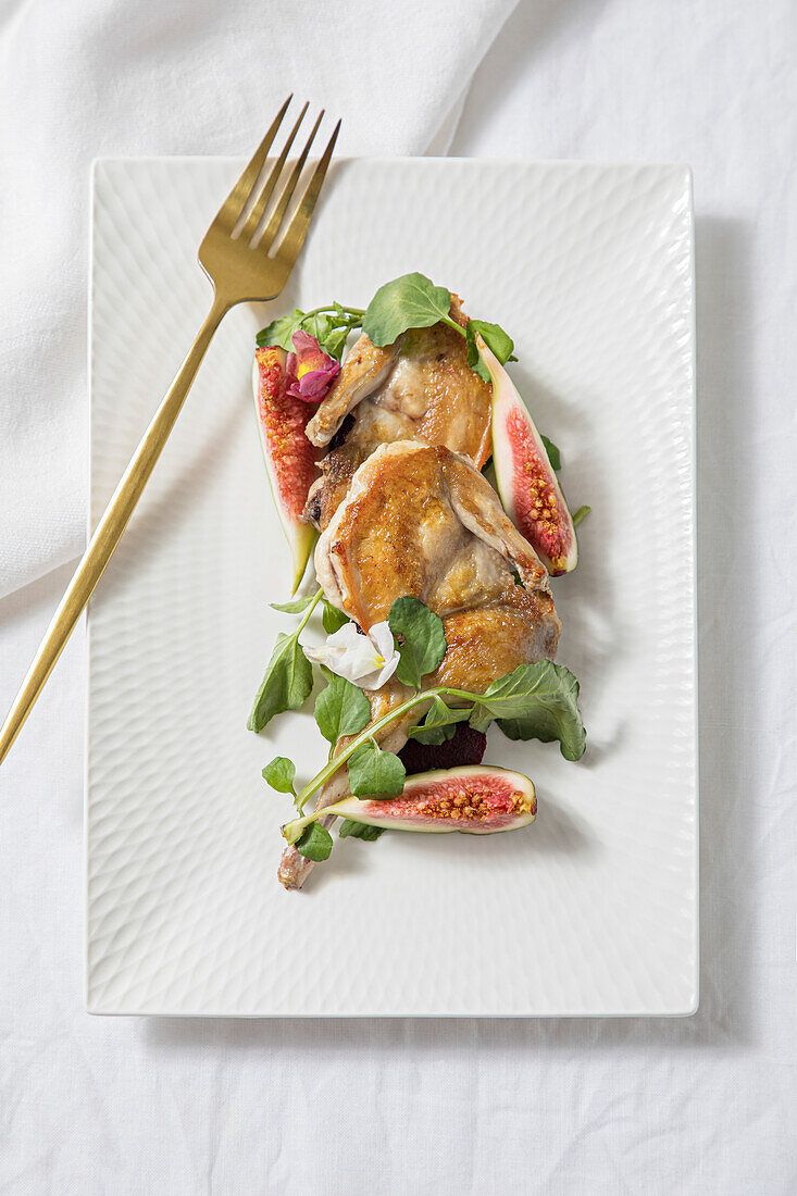 Roast quail with fig and port wine reduction