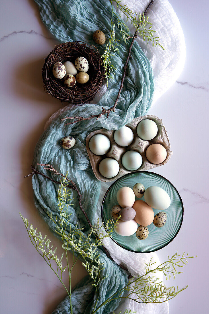 Eggs from free-range Araucana chickens, including blue and green colours, with Japanese jumbo quail eggs. Creative concept flatlay