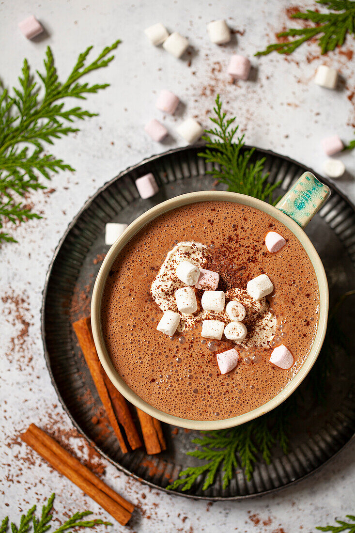 Draufsicht auf heiße Schokolade in einem blaugrünen Becher mit Schlagsahne und Mini-Marshmallows