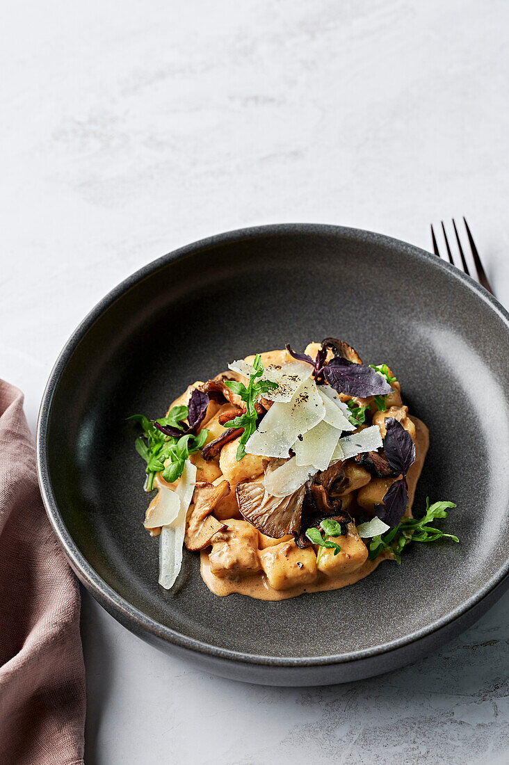 Handmade potato gnocchi, Swiss brown and shiitake mushrooms, porcini cream, shaved pecorino, rocket leaves, purple basil