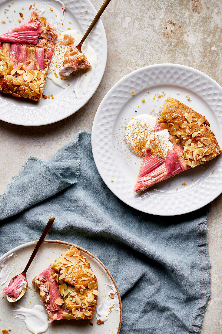 Rhubarb and almond galette cut into slices for dessert