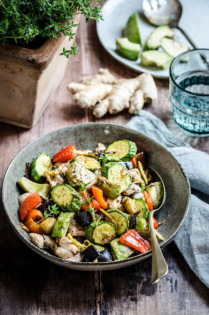Roasted vegetables with chicken and ginger