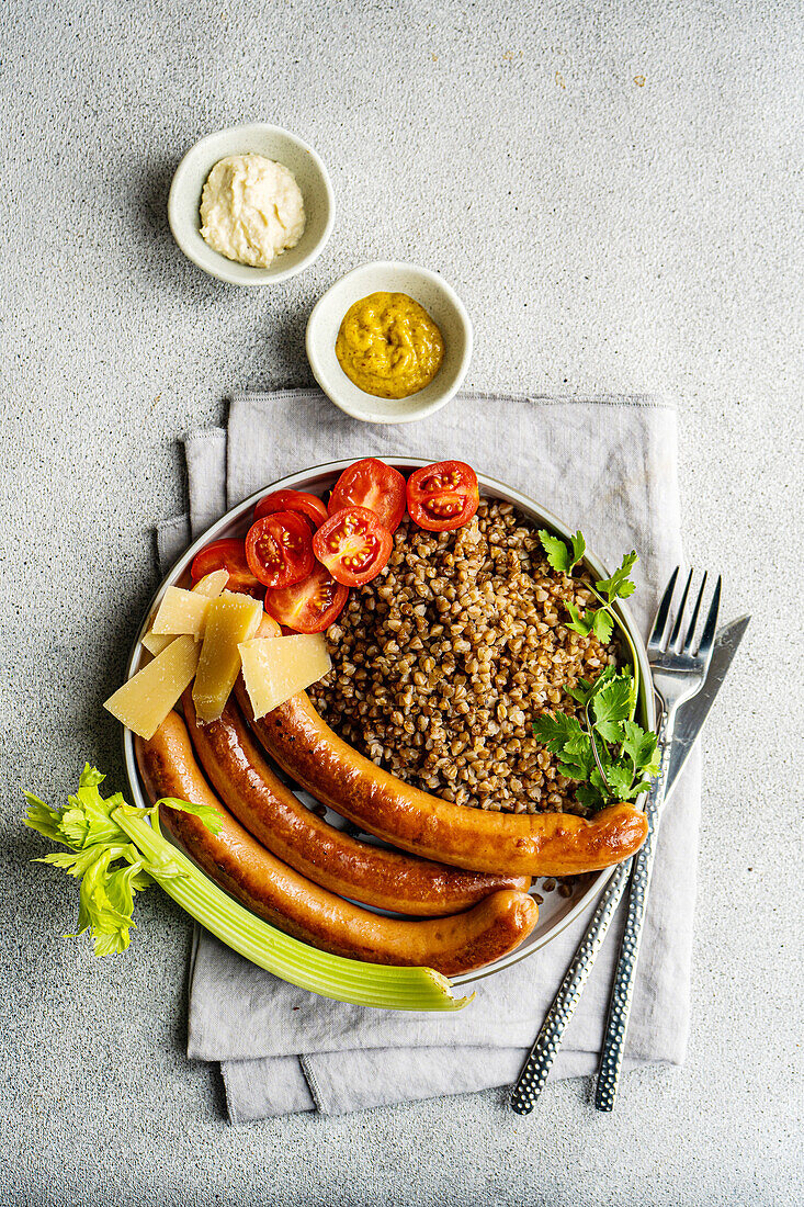 Healthy lunch bowl with buckwheat and sausages, served on the table